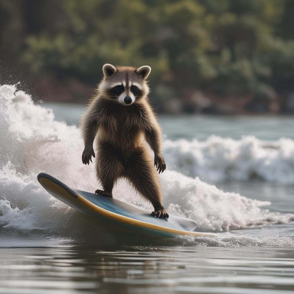 Racoon surfer in Portugal