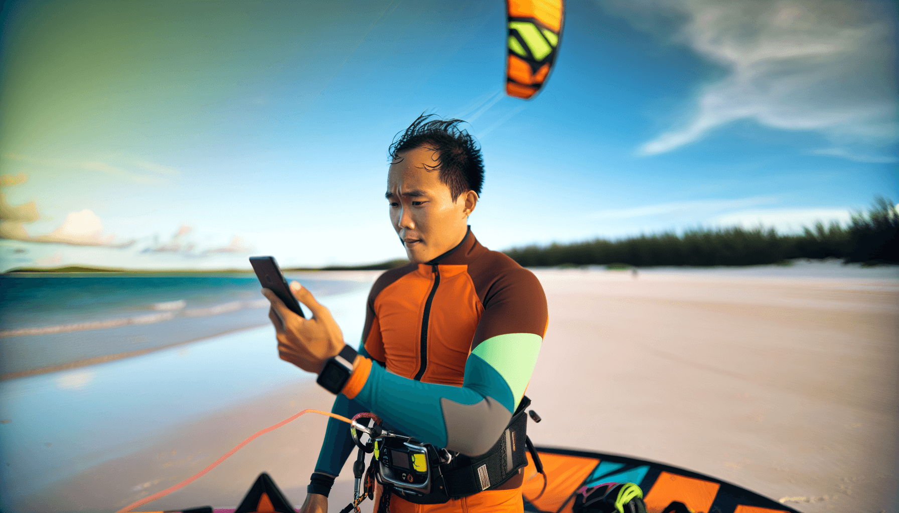 Kitesurfer checking weather forecasts before a session