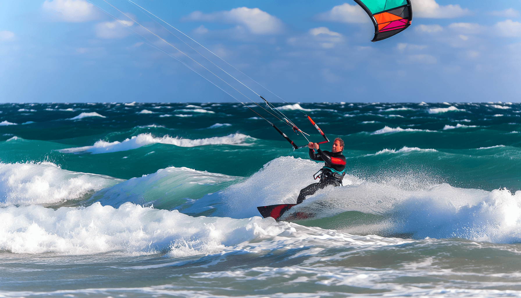 Kitesurfer riding the waves in strong gusty winds